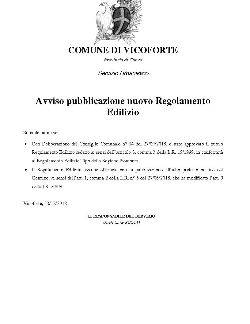 pubblicazione Regolamento Edilizio