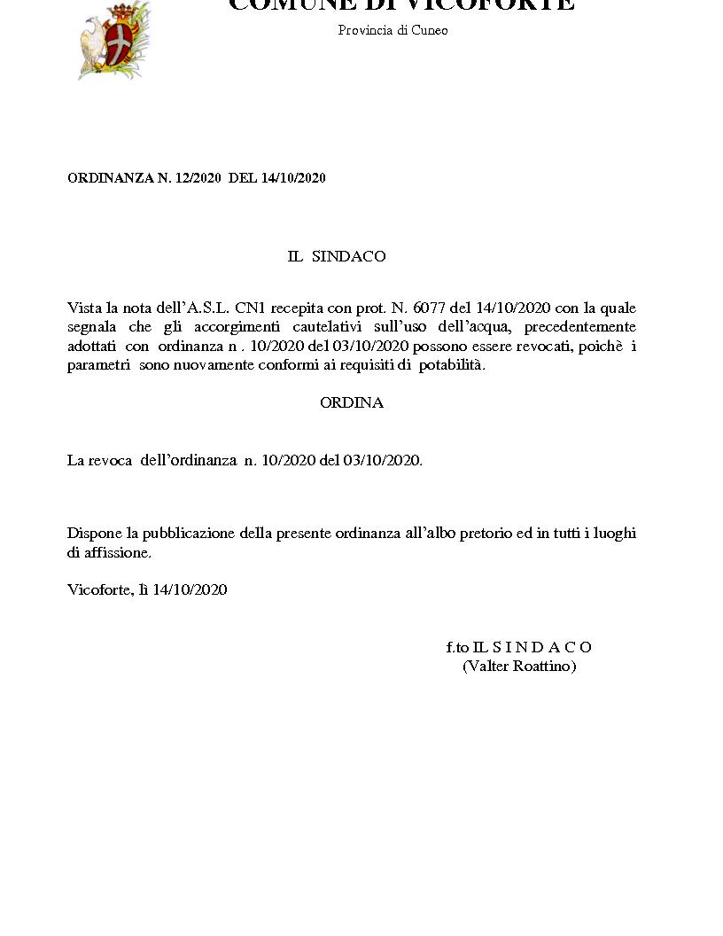 ordinanza revoca del divieto di consumo dell'acqua potabile