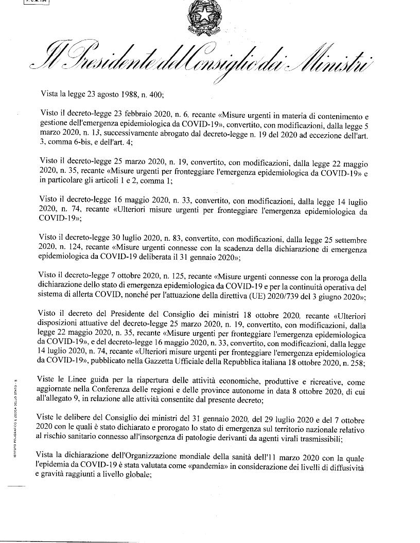 Dpcm valido dal 26 Ottobre fino al 24 Novembre