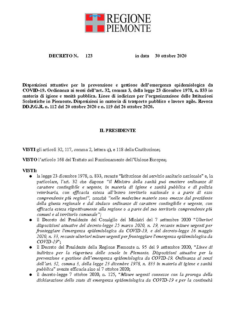 ORDINANZA REGIONE PIEMONTE -SCUOLE- 30 OTTOBRE 2020