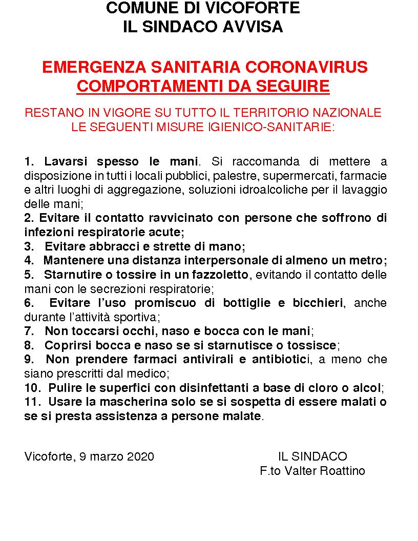 EMERGENZA SANITARIA CORONAVIRUS COMPORTAMENTI DA SEGUIRE